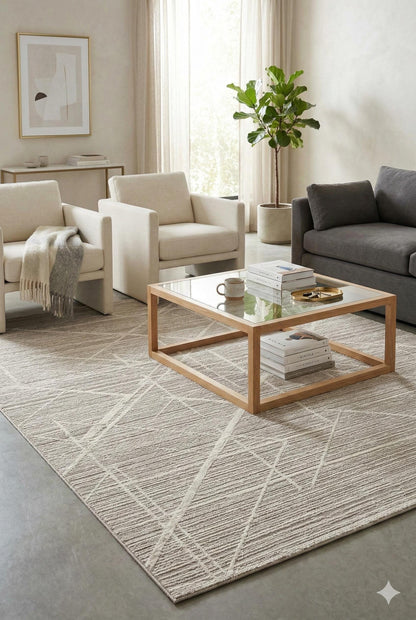 Textured Geometric Area Rug – Neutral Beige Abstract Line Art Carpet