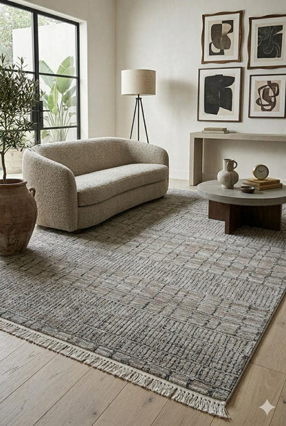 Handwoven Geometric Grid Rug – Textured Neutral Earth Tones, Modern Minimalist Carpet
