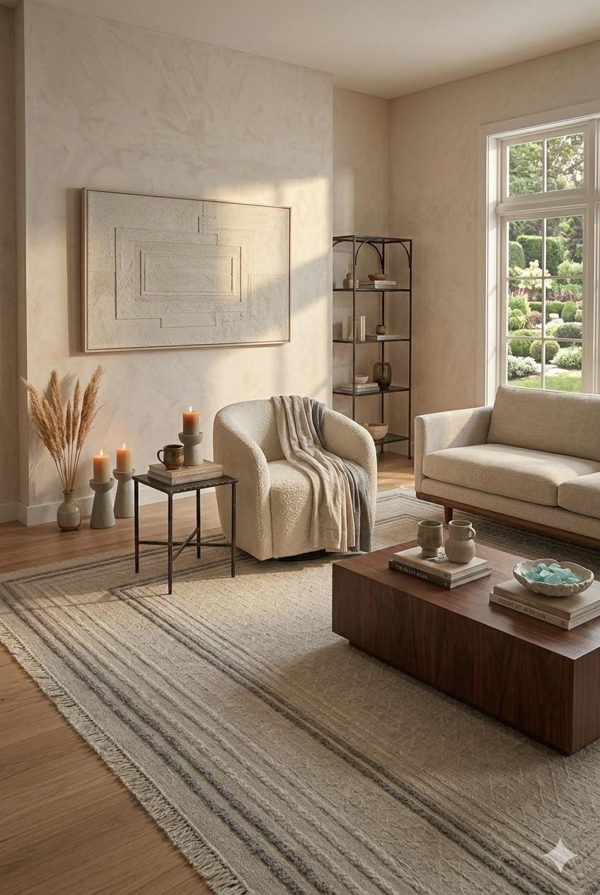 Geometric Border Area Rug – Neutral Beige Grey Textured Carpet – Japandi Boho Decor