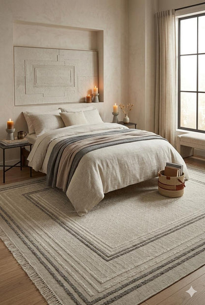 Geometric Border Area Rug – Neutral Beige Grey Textured Carpet – Japandi Boho Decor