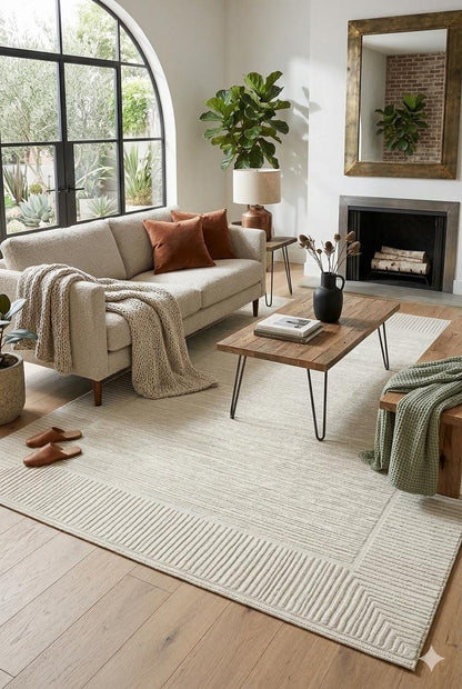 Textured Cream Border Area Rug – Modern Minimalist Geometric Wool Carpet (7x10ft)