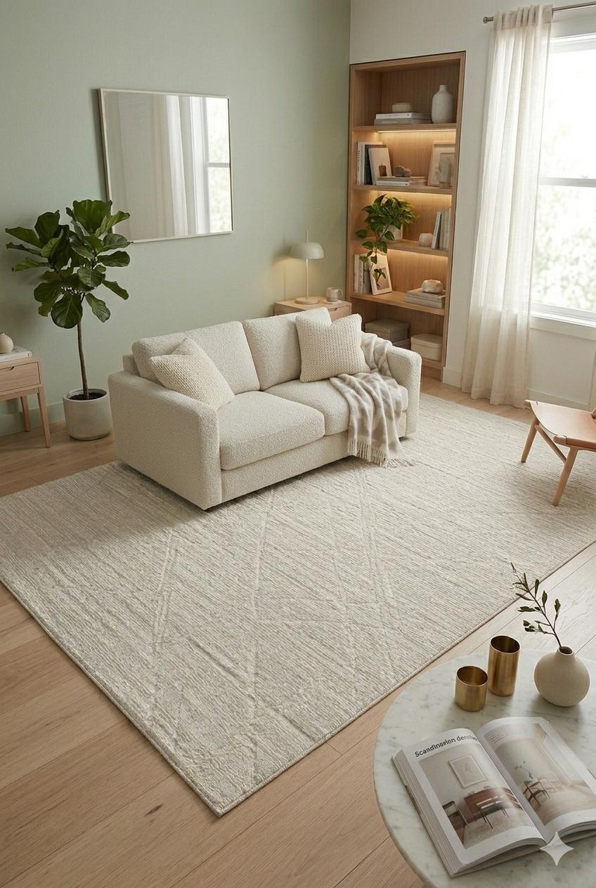 Cream Geometric Area Rug – Textured Low Pile Carpet, Modern Japandi Decor