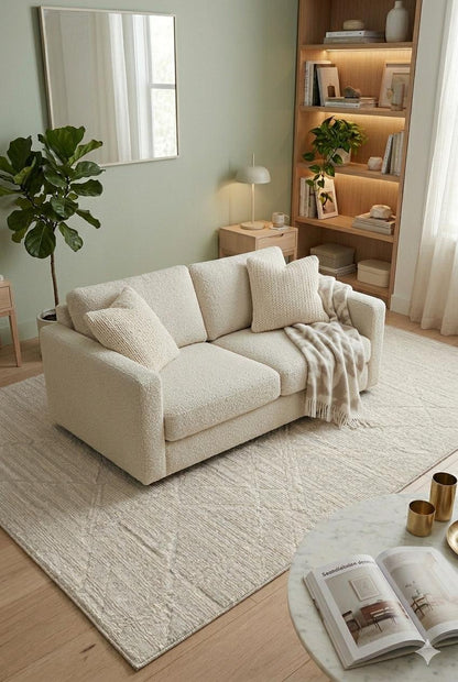 Cream Geometric Area Rug – Textured Low Pile Carpet, Modern Japandi Decor