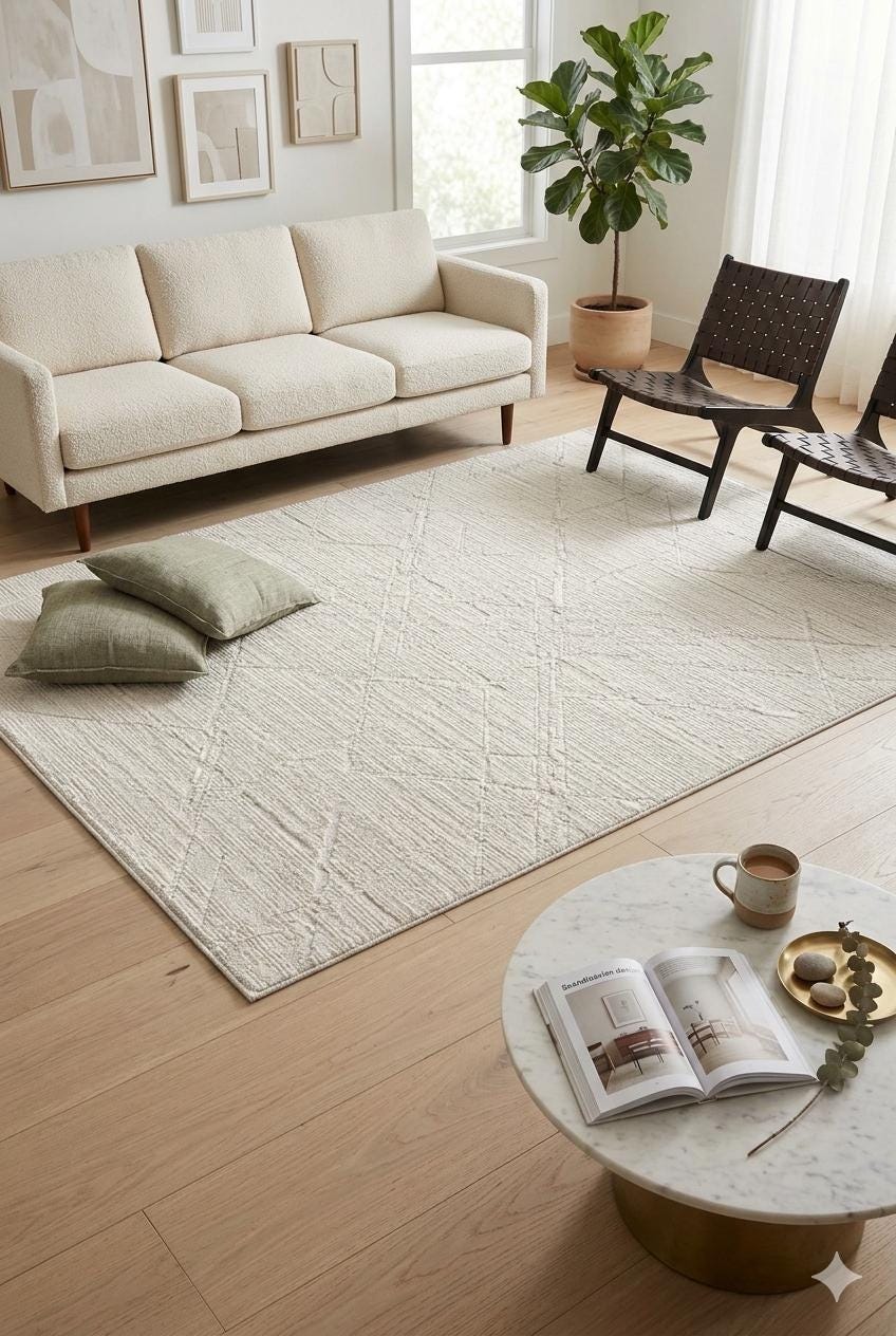Cream Geometric Area Rug – Textured Low Pile Carpet, Modern Japandi Decor