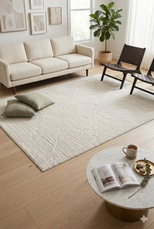 Cream Geometric Area Rug – Textured Low Pile Carpet, Modern Japandi Decor