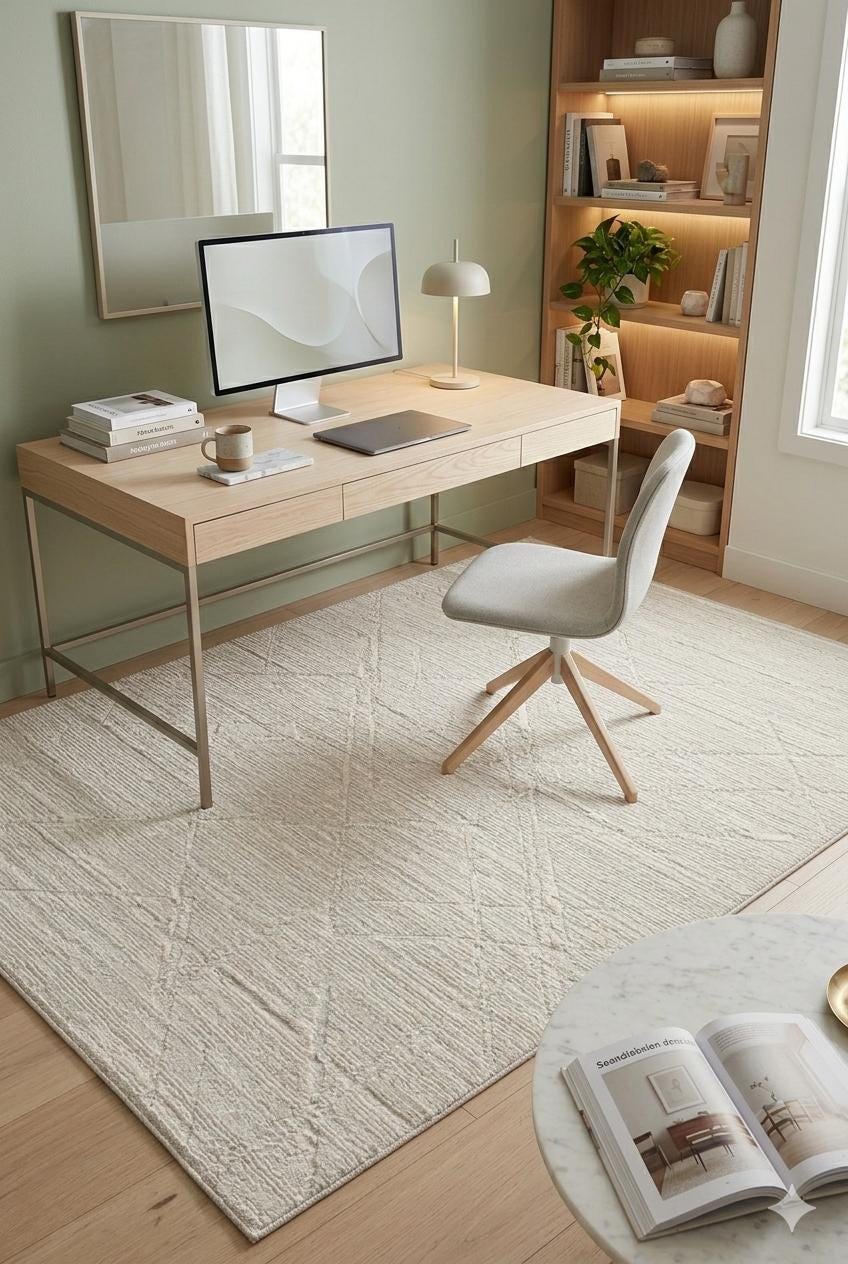 Cream Geometric Area Rug – Textured Low Pile Carpet, Modern Japandi Decor