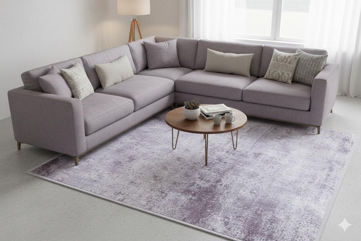 Distressed Lavender Area Rug – Modern Boho Washable Carpet, Soft Purple Living Room Accent