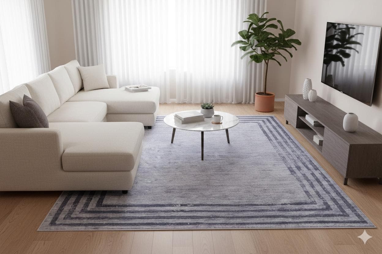 Modern Distressed Border Area Rug, Gray Charcoal Fringed Carpet, Washable Thin Living Room Rug