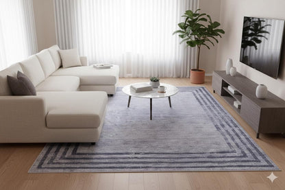 Modern Distressed Border Area Rug, Gray Charcoal Fringed Carpet, Washable Thin Living Room Rug