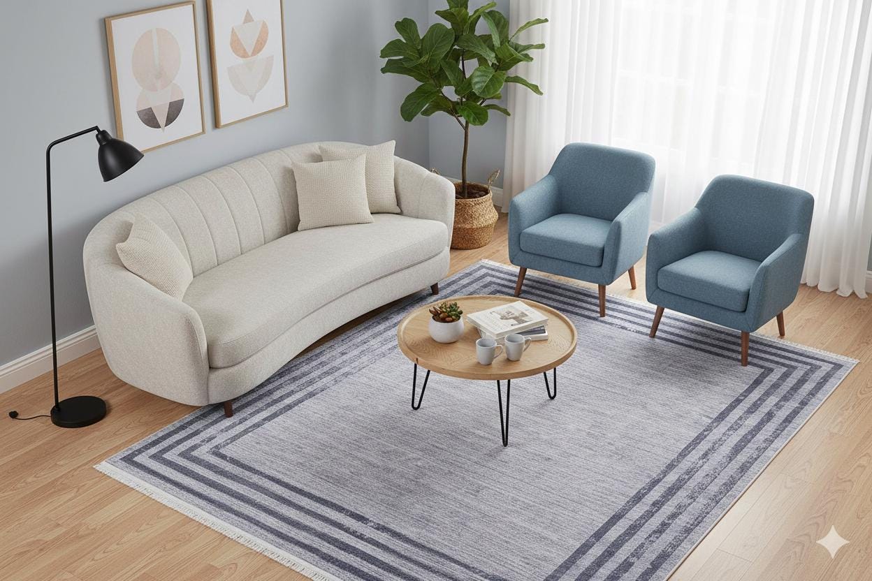 Modern Distressed Border Area Rug, Gray Charcoal Fringed Carpet, Washable Thin Living Room Rug