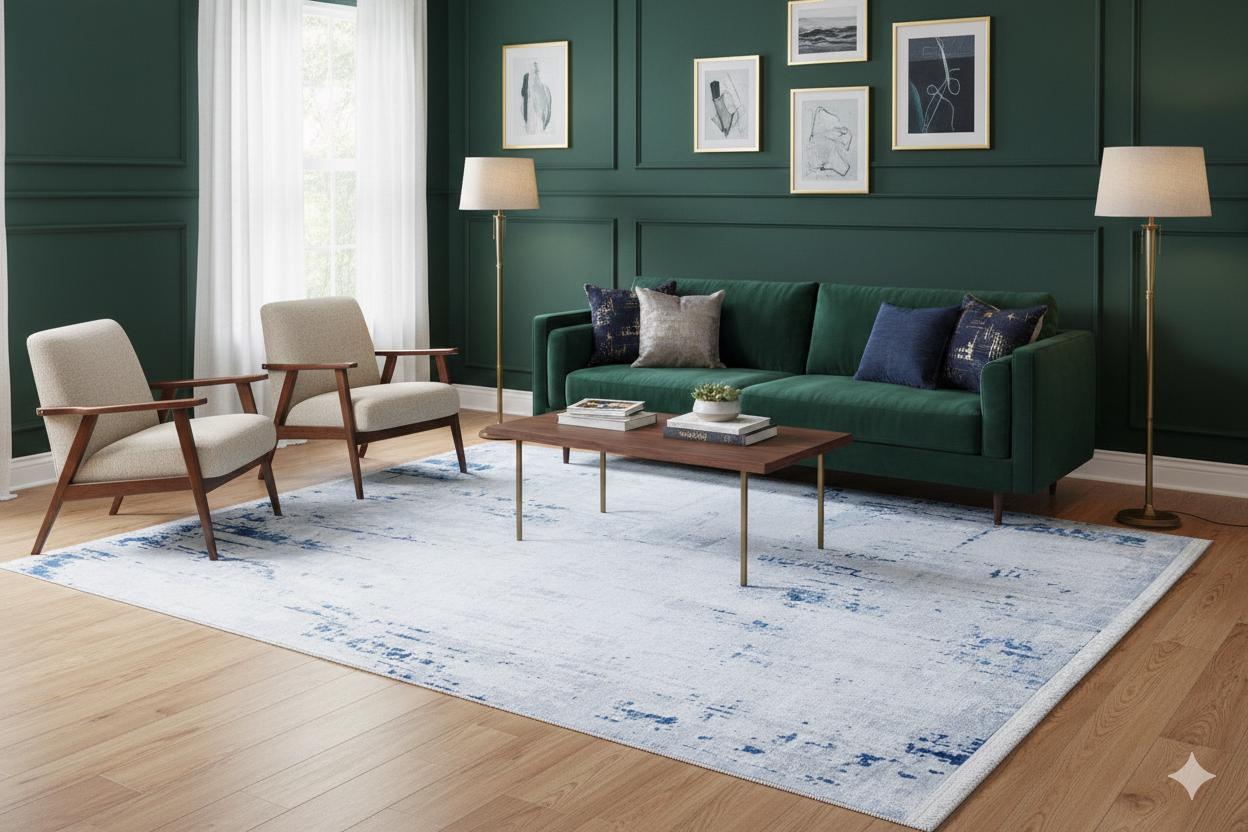 Washable Abstract Blue Watercolor Rug • Distressed Modern Carpet, Easy Clean Non-Slip