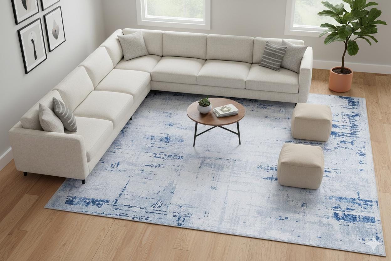Washable Abstract Blue Watercolor Rug • Distressed Modern Carpet, Easy Clean Non-Slip