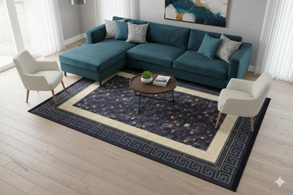 Modern Greek Key Area Rug – Black Gold Meander Border Carpet, Washable, Non-Slip