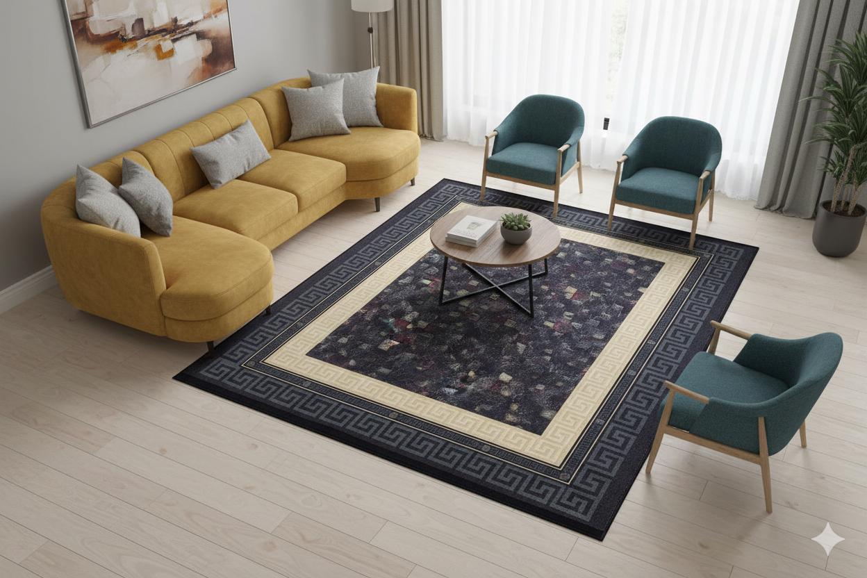 Modern Greek Key Area Rug – Black Gold Meander Border Carpet, Washable, Non-Slip