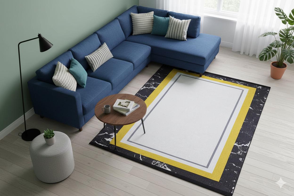Modern Marble Geometric Area Rug – Black, Yellow, White Abstract Carpet