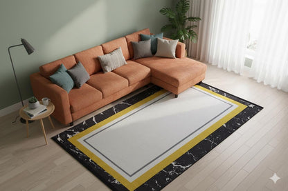 Modern Marble Geometric Area Rug – Black, Yellow, White Abstract Carpet