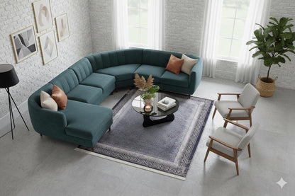 Distressed Persian Style Rug – Blue Grey Greek Key Border, Washable Boho Carpet