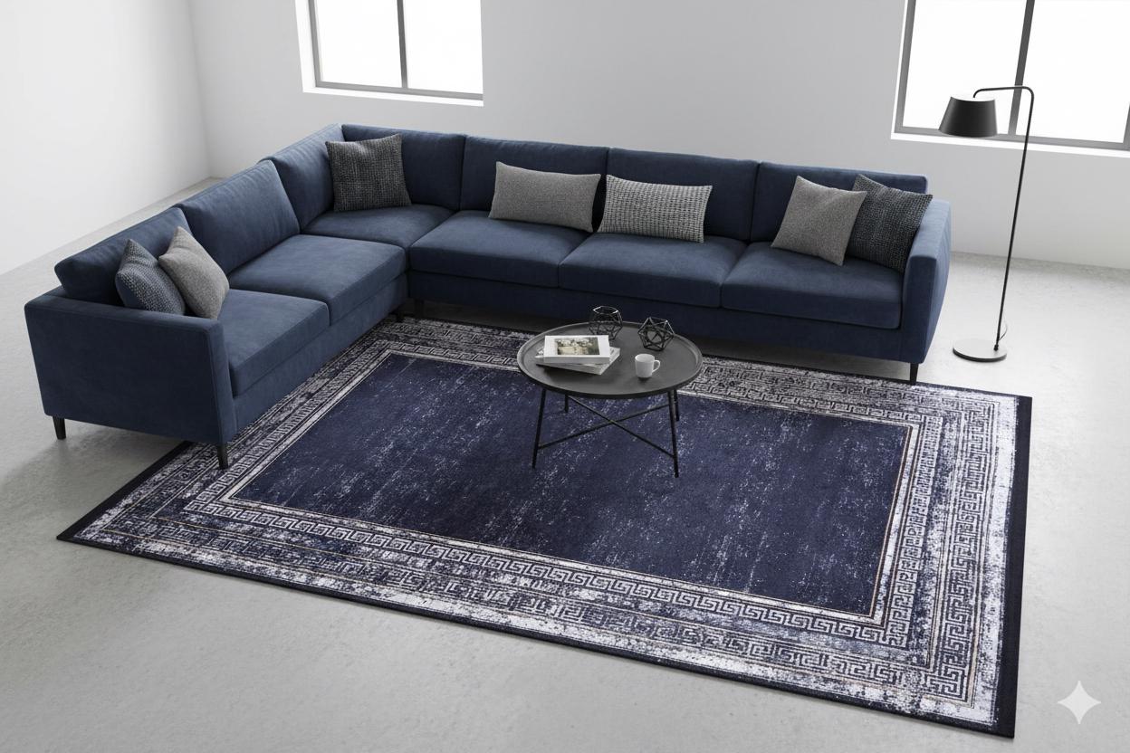 Navy Blue Greek Key Distressed Area Rug – Machine Washable Living Room Carpet