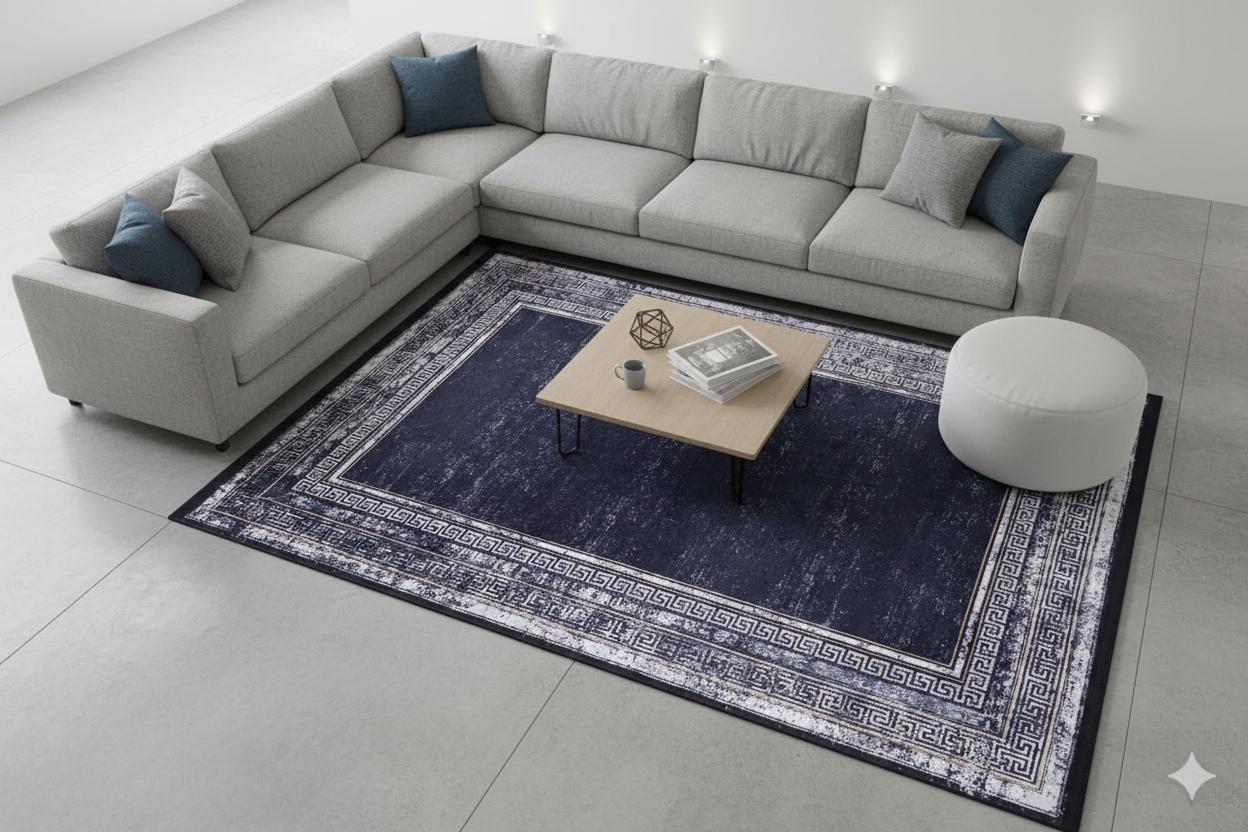 Navy Blue Greek Key Distressed Area Rug – Machine Washable Living Room Carpet