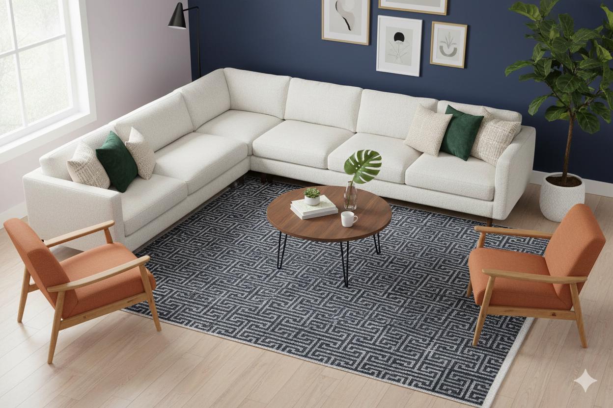 Washable Greek Key Area Rug – Navy Blue Meander Carpet, Non-Slip Low Pile
