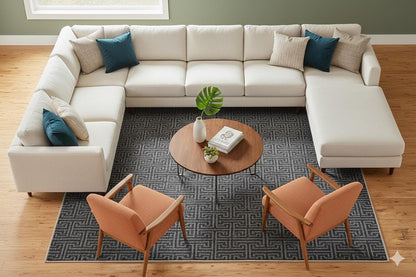 Washable Greek Key Area Rug – Navy Blue Meander Carpet, Non-Slip Low Pile