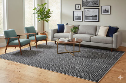 Washable Greek Key Area Rug – Navy Blue Meander Carpet, Non-Slip Low Pile