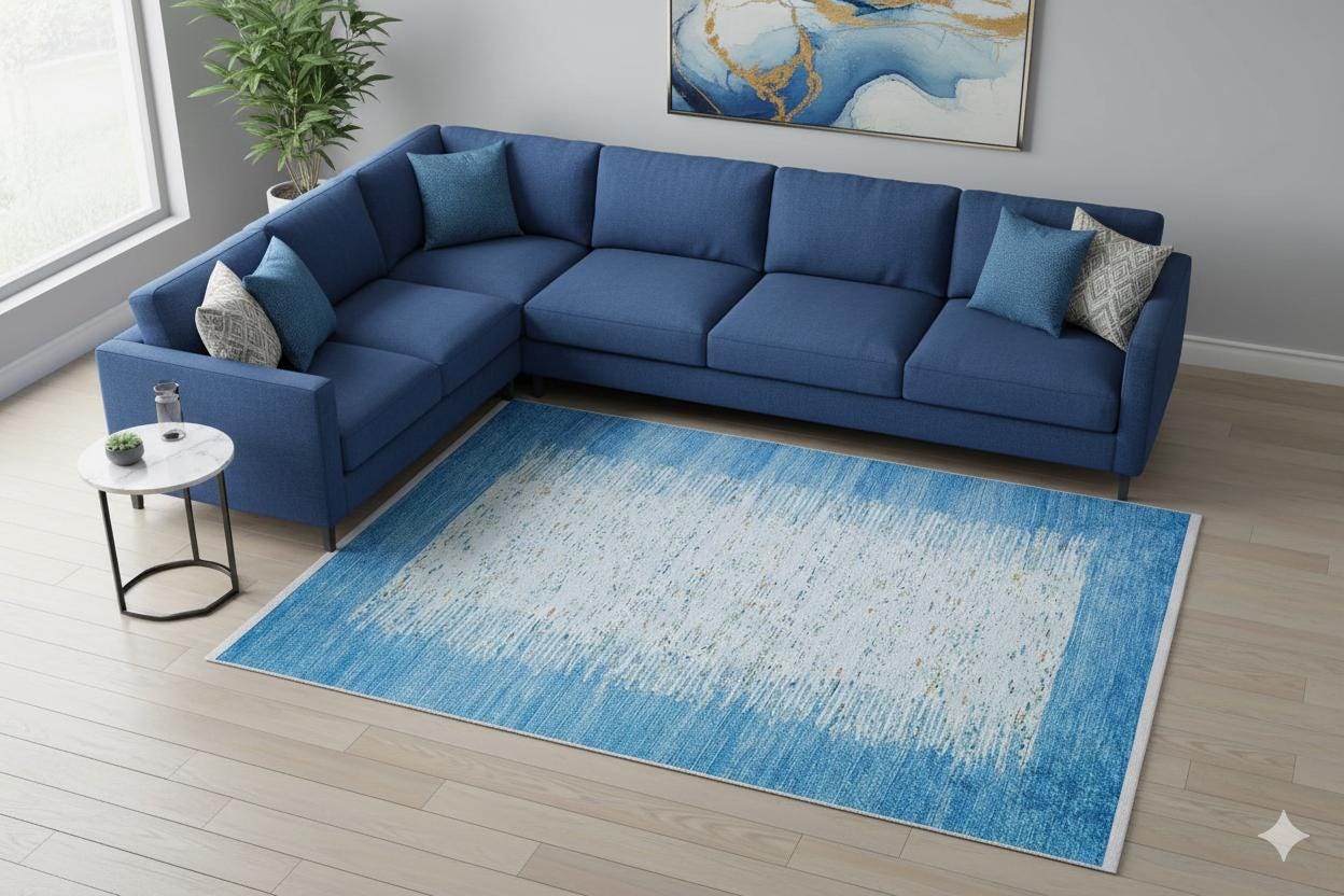 Blue Abstract Area Rug, Modern Minimalist Scandinavian Carpet, Soft Living Room Floor Rug