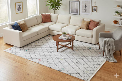 Washable Boho Diamond Rug – Cream Grey Beni Ourain Style Carpet
