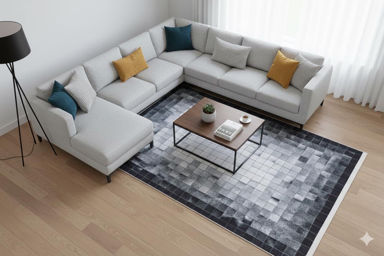 Modern Geometric Area Rug, Black White Pixel Pattern, Washable Scandinavian Carpet