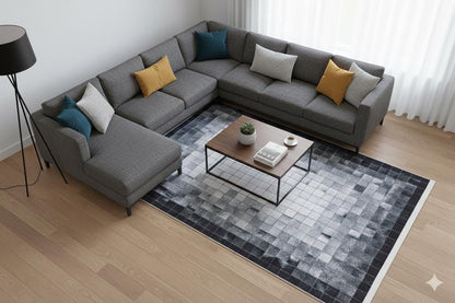 Modern Geometric Area Rug, Black White Pixel Pattern, Washable Scandinavian Carpet