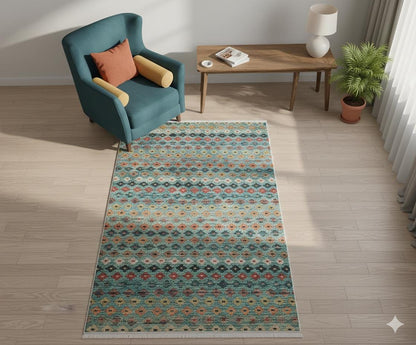 Washable Kilim-Style Area Rug: Boho Geometric Design