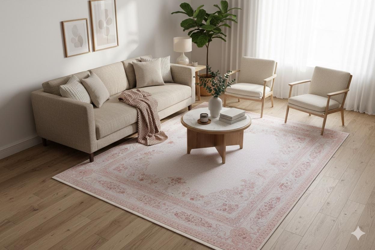 Blush Pink Vintage Floral Area Rug – Washable Traditional Carpet with Border