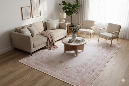 Blush Pink Vintage Floral Area Rug – Washable Traditional Carpet with Border