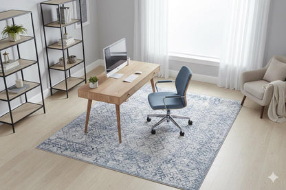 Distressed Blue Boho Area Rug, Washable Vintage Farmhouse Carpet