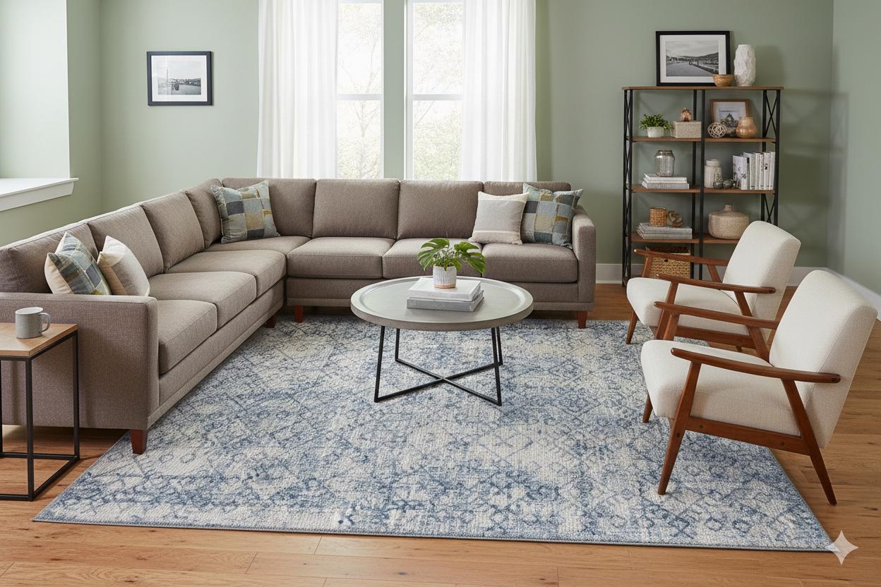 Distressed Blue Boho Area Rug, Washable Vintage Farmhouse Carpet