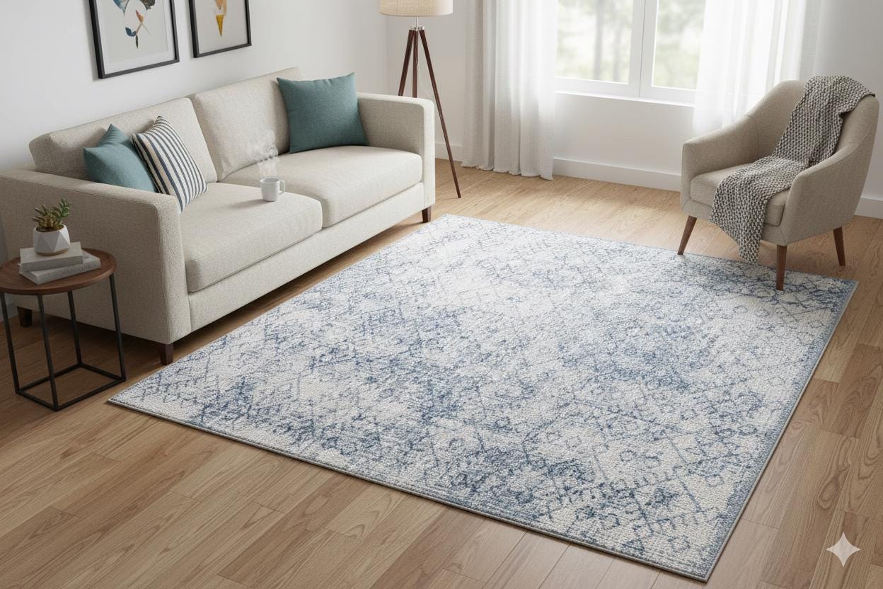 Distressed Blue Boho Area Rug, Washable Vintage Farmhouse Carpet