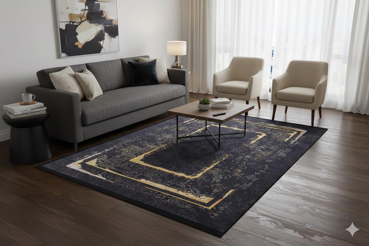 Black Gold Distressed Area Rug, Modern Geometric Border Carpet