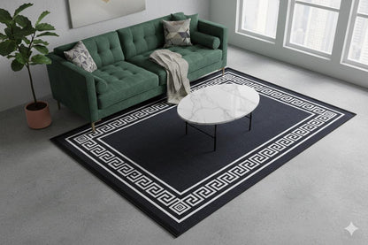 Black White Greek Key Area Rug – Modern Minimalist Meander Living Room Carpet