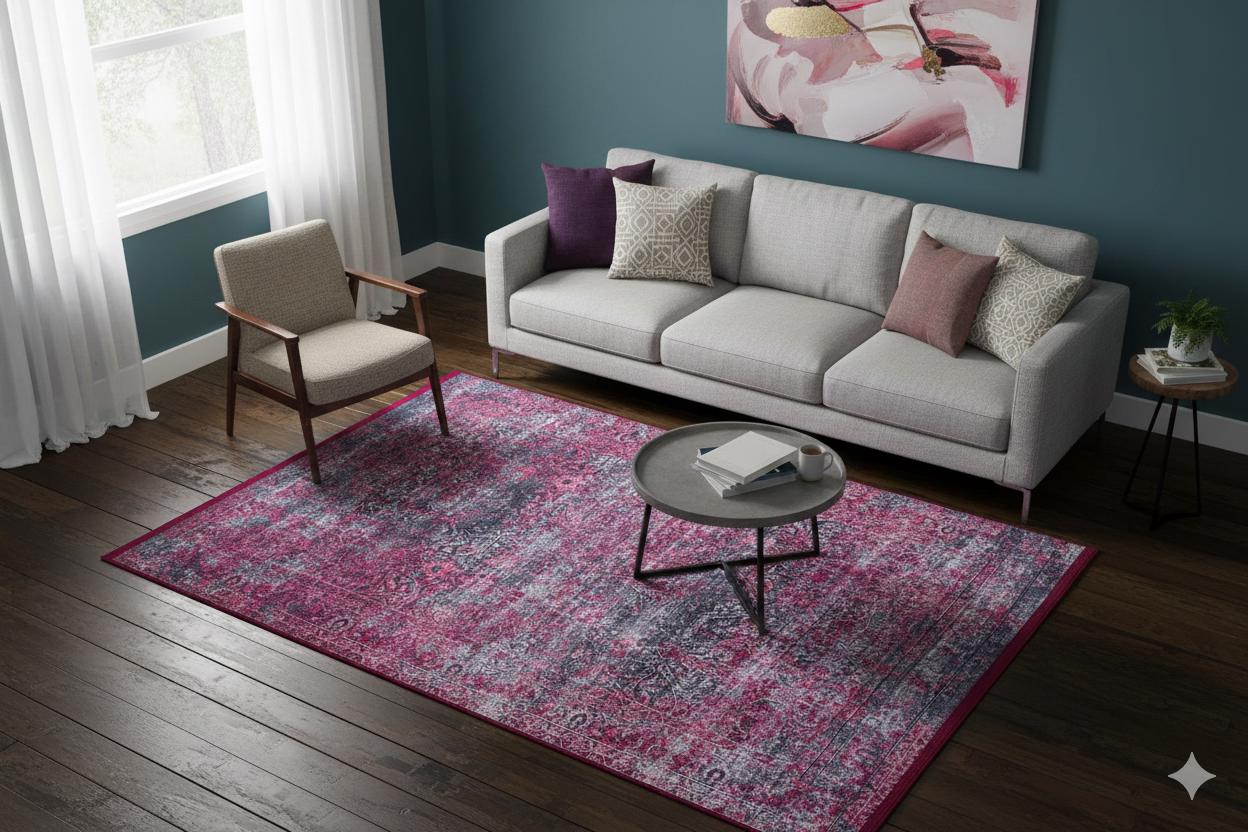 Distressed Magenta Persian Style Area Rug – Boho Living Room, Machine Washable Carpet