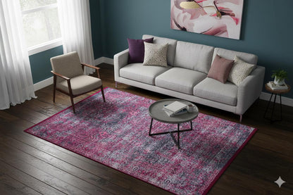 Distressed Magenta Persian Style Area Rug – Boho Living Room, Machine Washable Carpet