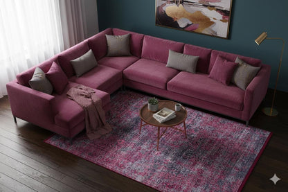 Distressed Magenta Persian Style Area Rug – Boho Living Room, Machine Washable Carpet