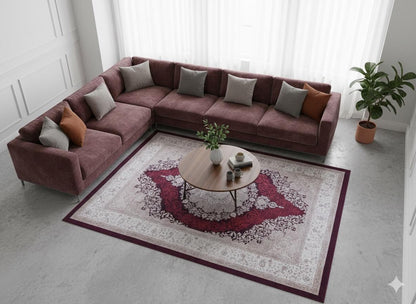 Washable Persian Medallion Rug – Burgundy Cream Distressed Traditional Carpet