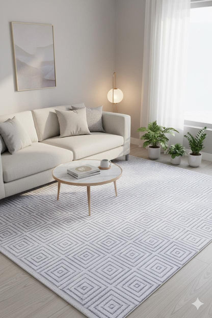 Washable Geometric Squares Area Rug, Modern Minimalist Low Pile Carpet