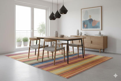 Modern Multi-Color Striped Washable Area Rug – Vibrant Boho Rainbow Style – Non-Slip & Machine Washable