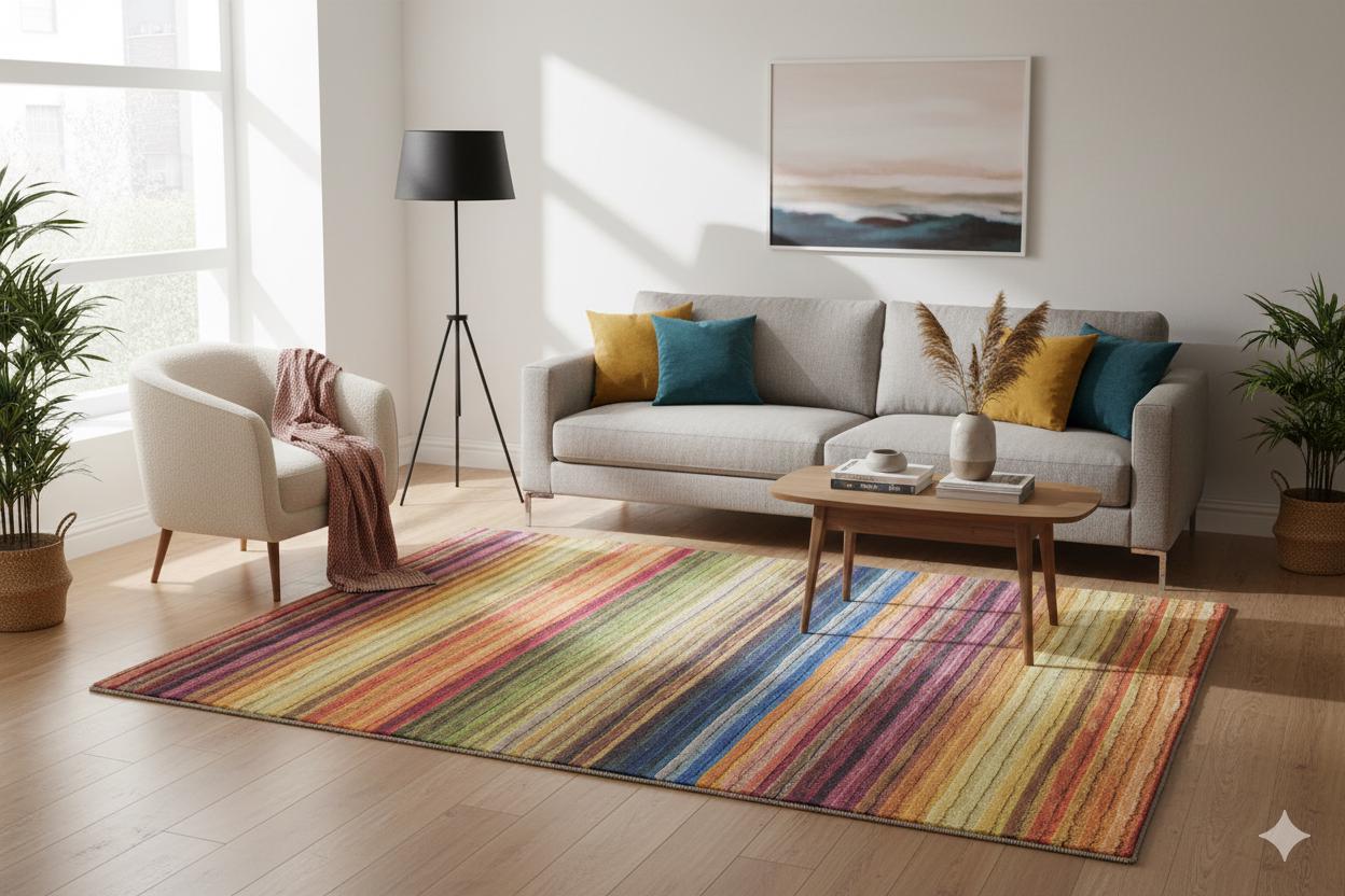 Modern Multi-Color Striped Washable Area Rug – Vibrant Boho Rainbow Style – Non-Slip & Machine Washable
