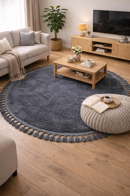 Gray Round Tassel Rug – Fluffy Washable Cotton Carpet for Nursery, Bedroom