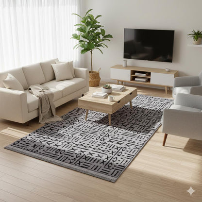 Modern Tribal Mudcloth Area Rug – Gray Black Geometric Boho Carpet