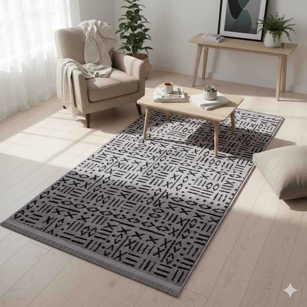 Modern Tribal Mudcloth Area Rug – Gray Black Geometric Boho Carpet