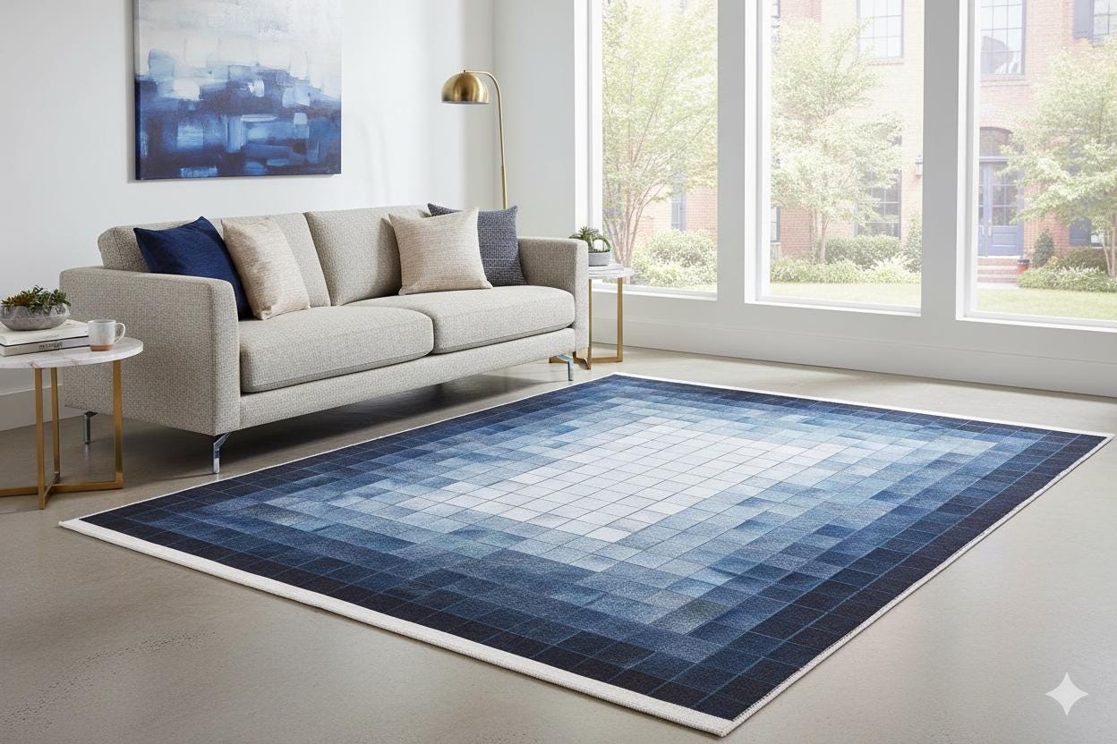 Blue Gradient Pixel Rug, Modern Geometric Washable Carpet (Non Slip)