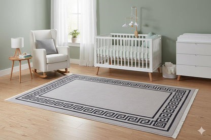 Washable Area Rug – Greek Key Border, Non-Slip, Modern Meander Design